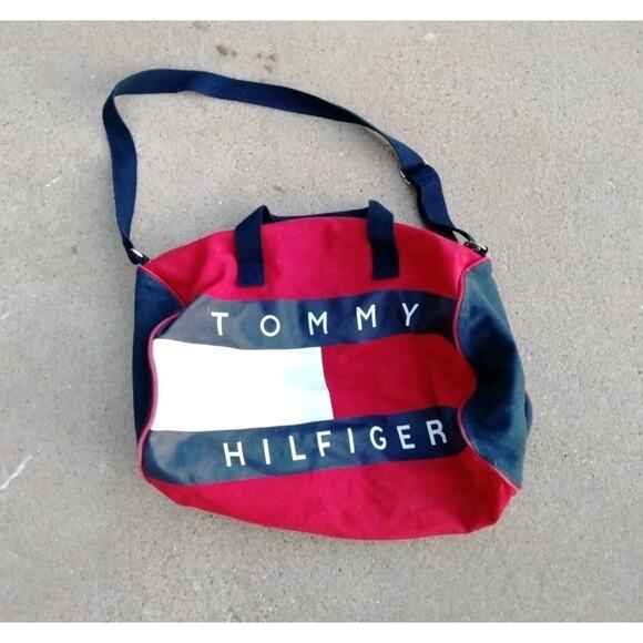 Vintage 2002 Y2K Tommy Hilfiger Canvas Duffle Bag Spell Out Logo 21x16 Flag - Picture 1 of 9